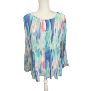 Drapers & Damon's Sz. Large Rainbow Pleated Long Sleeve Key Hole Blouse NWOT